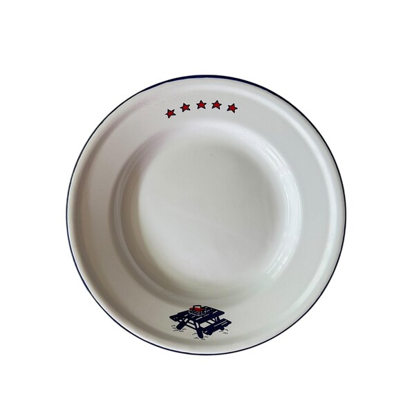 Vintage Taipro "Blue Picnic Table" Enamel Plate | 10" Mid-Century Camping Dish - Picture 2 of 5